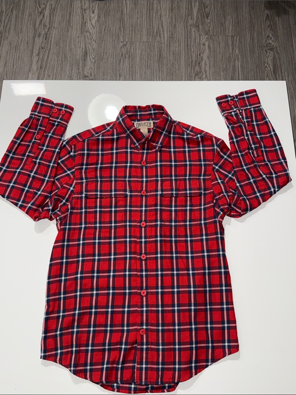 Duluth Trading Co Red and Navy Plaid Button-Down Shirt